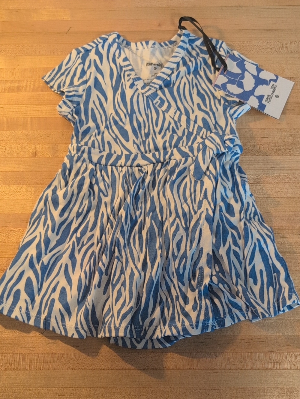 Diane Von Furstenberg White and Blue Zebra-Print Wrap-Style Kids Dress